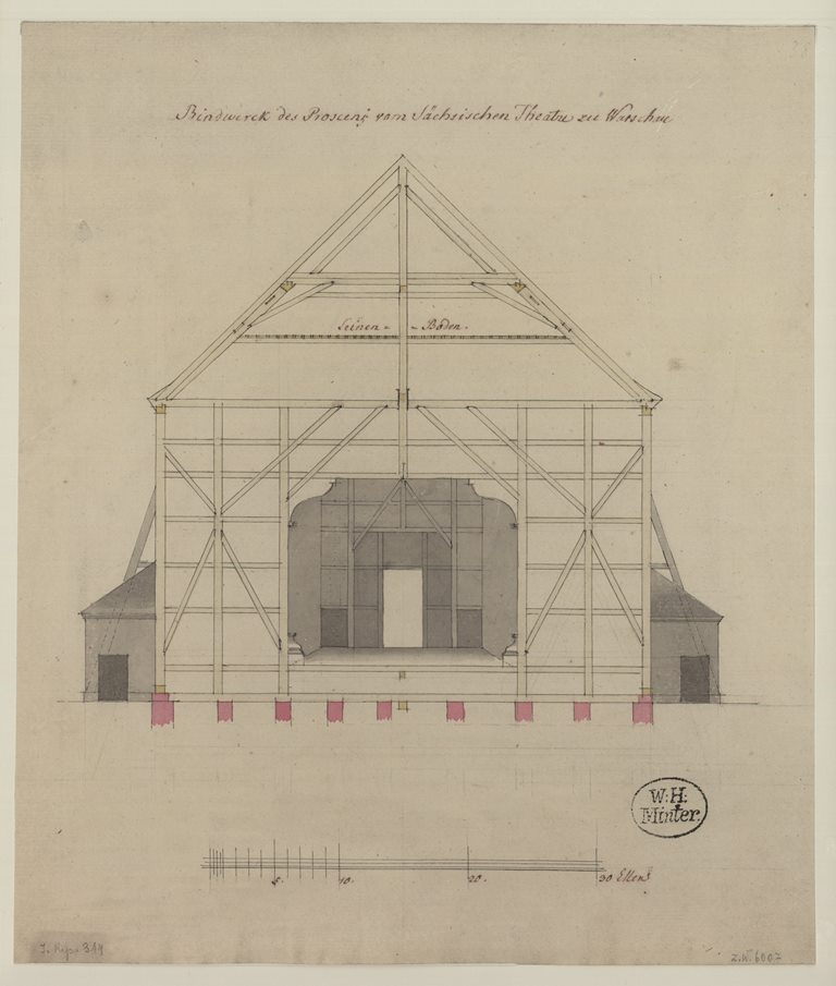 Operalnia saska w Warszawie (przekrój poprzeczny), rys. Szymon Bogumił, ok. 1765, CBN Polona Operalnia saska w Warszawie (przekrój poprzeczny), rys. Szymon Bogumił, ok. 1765, CBN Polona