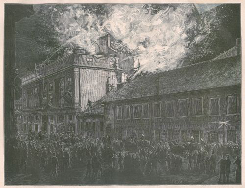 Paweł Boczkowski, Józef Jarmużyński, Czesław Borys Jankowski, „Pożar Teatru Rozmaitości w Warszawie” (widok zewnętrzny), 1883 / domena publiczna Paweł Boczkowski, Józef Jarmużyński, Czesław Borys Jankowski, „Pożar Teatru Rozmaitości w Warszawie” (widok zewnętrzny), 1883 / domena publiczna
